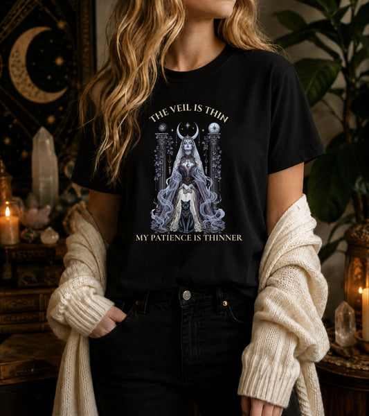 #TheVeilIsThin #MyPatienceIsThinner #SpookySeason #HalloweenShirt #HalloweenTee #FunnyHalloweenShirt #WitchyShirt #WitchyStyle #SpiritualHumor #MysticalStyle #CelestialStyle #GothicTShirt #AlternativeStyle #TarotAesthetic #SassyTarot